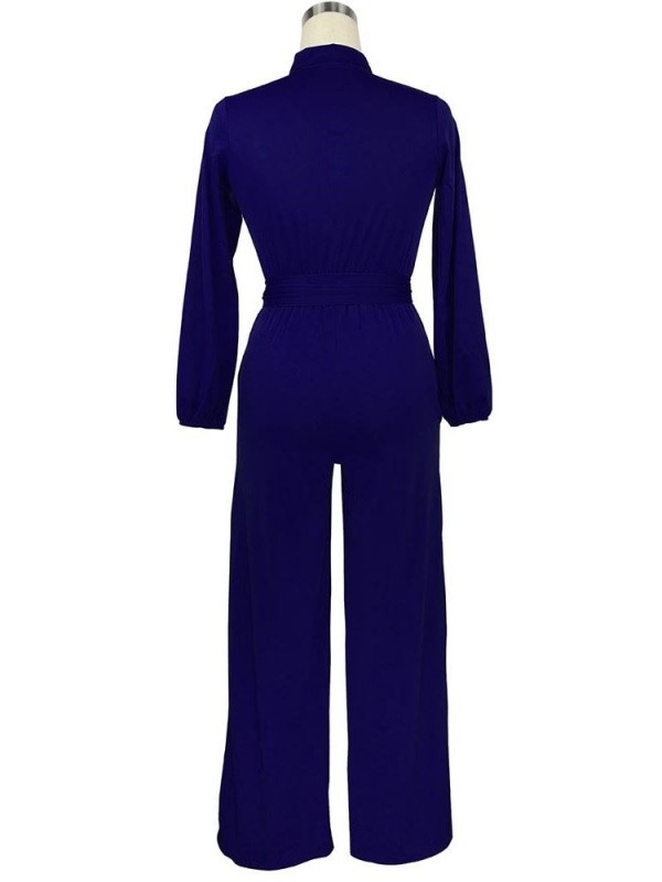 Button Lace-Up Plain Women's Jumpsuit