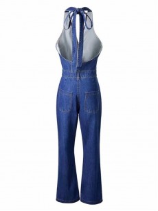 Denim Backless V Neck Lace Up Women's Jumpsuits