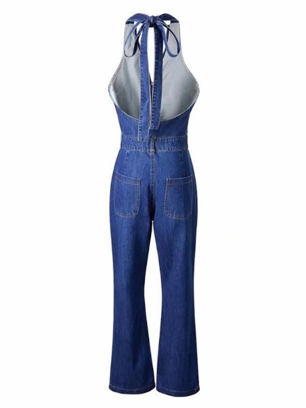 Denim Backless V Neck Lace Up Women's Jumpsuits