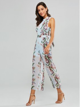 Floral Print Backless Lace-Up Women's Jumpsuit