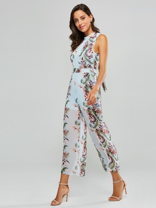 Floral Print Backless Lace-Up Women's Jumpsuit