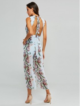 Floral Print Backless Lace-Up Women's Jumpsuit