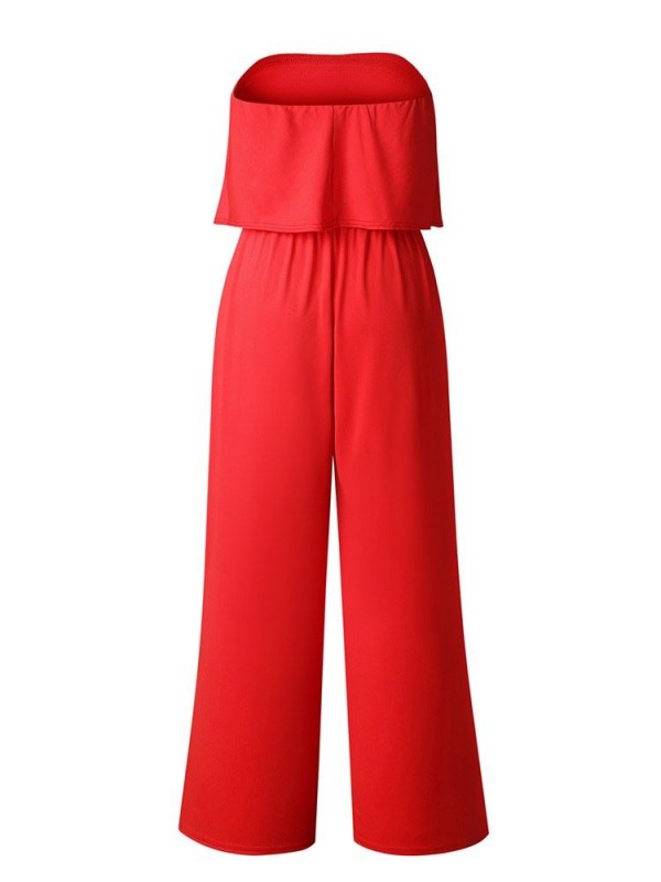 Sexy Pure Color Strapless Falbala Jumpsuit