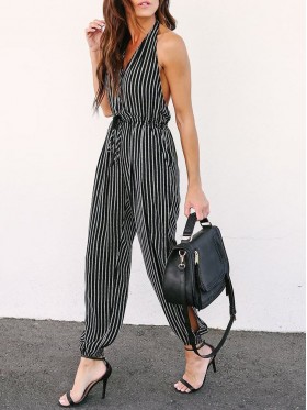 Off Shoulder V-Neck Striped Women's Jumpsuits