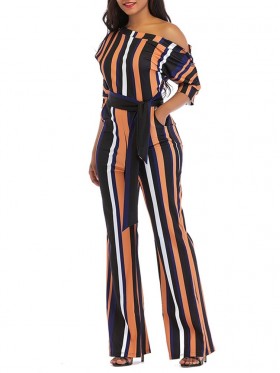 Stripe Color Block High-Waist Jumpsuits