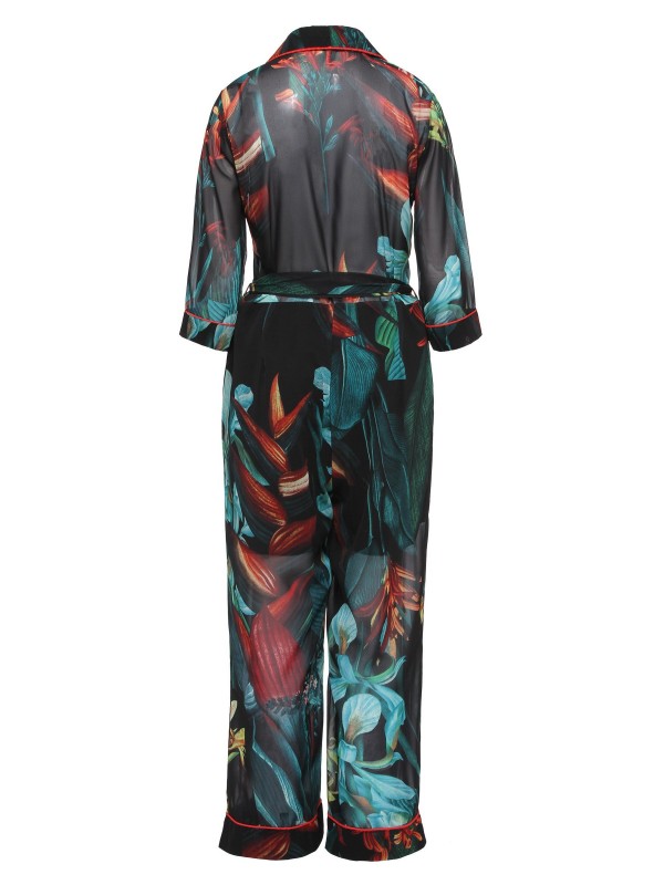 Floral Print Tie Waist V Neck Women's Jumpsuit