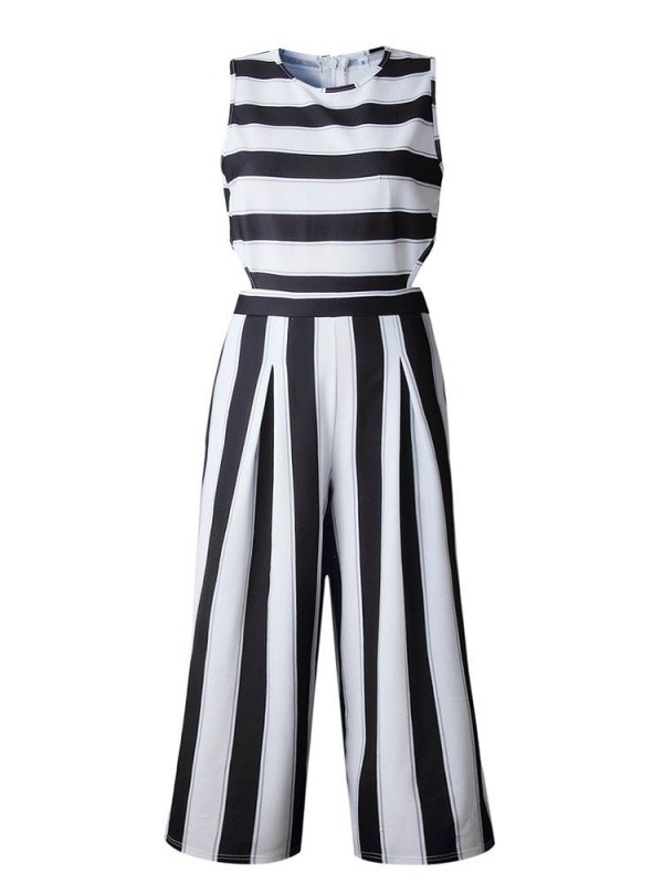 Stripe Sleeveless Wide Legs Women's Jumpsuit