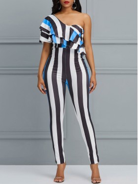 Oblique Shoulder Digital Printing Stripe Jumpsuit