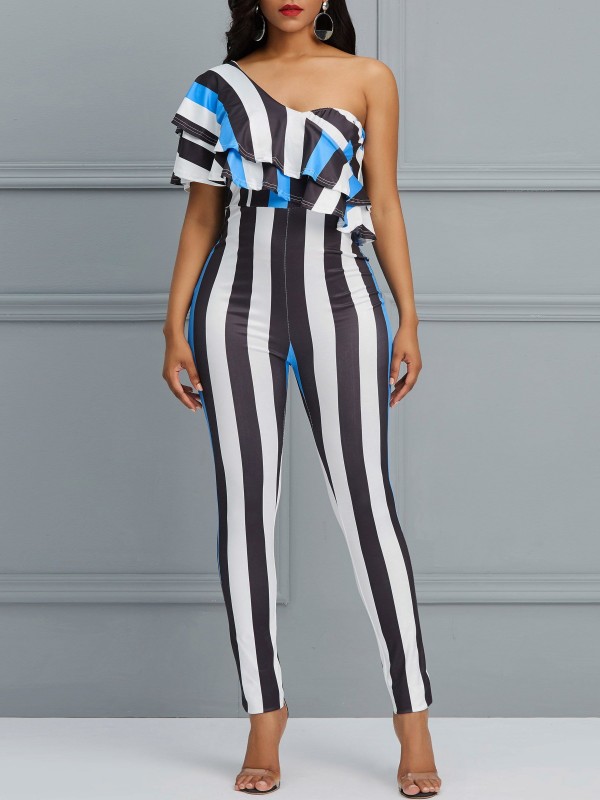 Oblique Shoulder Digital Printing Stripe Jumpsuit