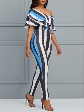 Oblique Shoulder Digital Printing Stripe Jumpsuit