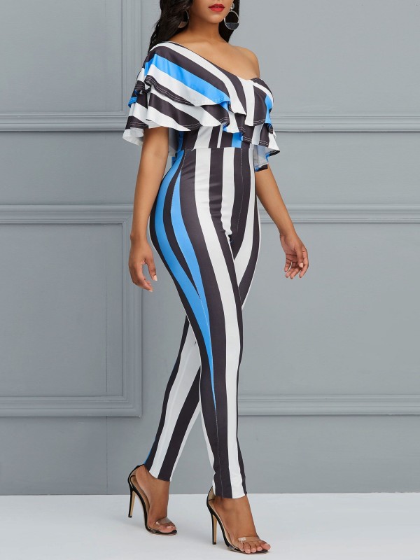 Oblique Shoulder Digital Printing Stripe Jumpsuit