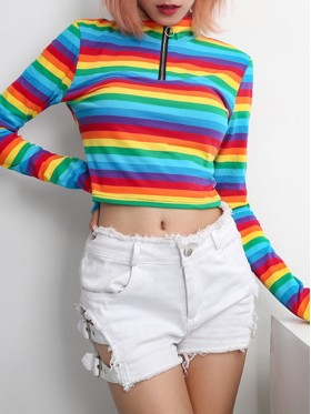 Rainbow Pattern  High Zipper V-Neck T-shirt