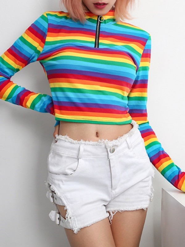 Rainbow Pattern  High Zipper V-Neck T-shirt