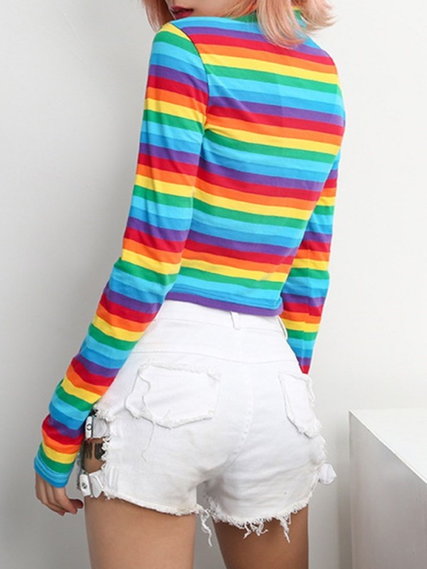 Rainbow Pattern  High Zipper V-Neck T-shirt