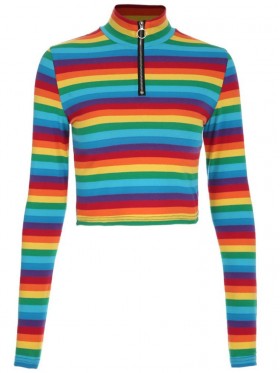 Rainbow Pattern  High Zipper V-Neck T-shirt