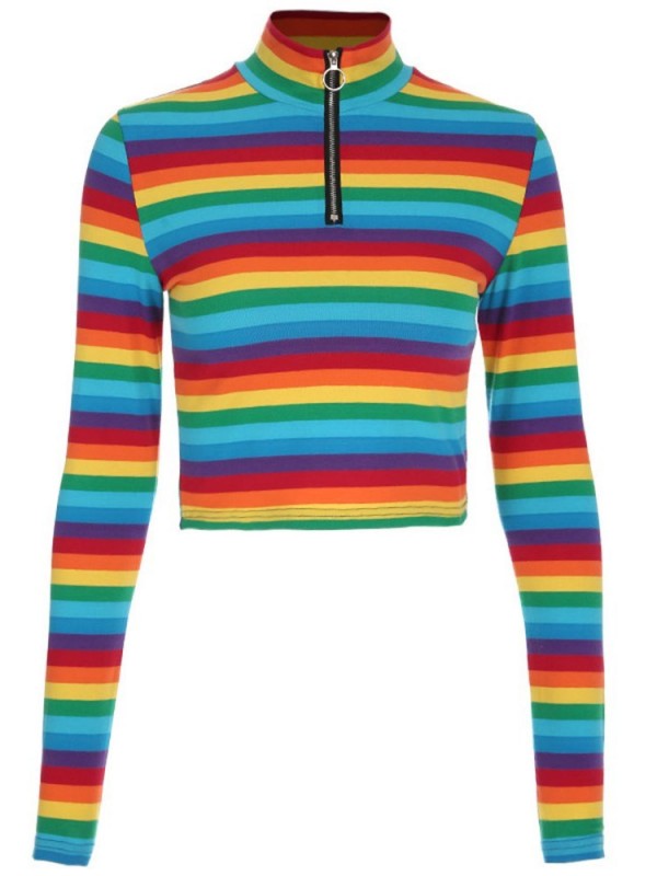 Rainbow Pattern  High Zipper V-Neck T-shirt