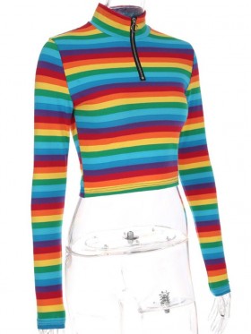 Rainbow Pattern  High Zipper V-Neck T-shirt