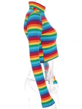 Rainbow Pattern  High Zipper V-Neck T-shirt