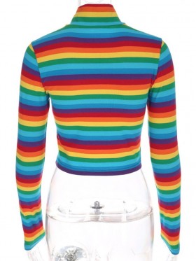 Rainbow Pattern  High Zipper V-Neck T-shirt