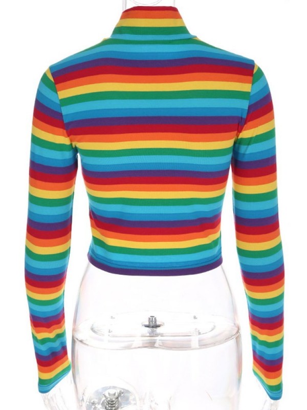 Rainbow Pattern  High Zipper V-Neck T-shirt