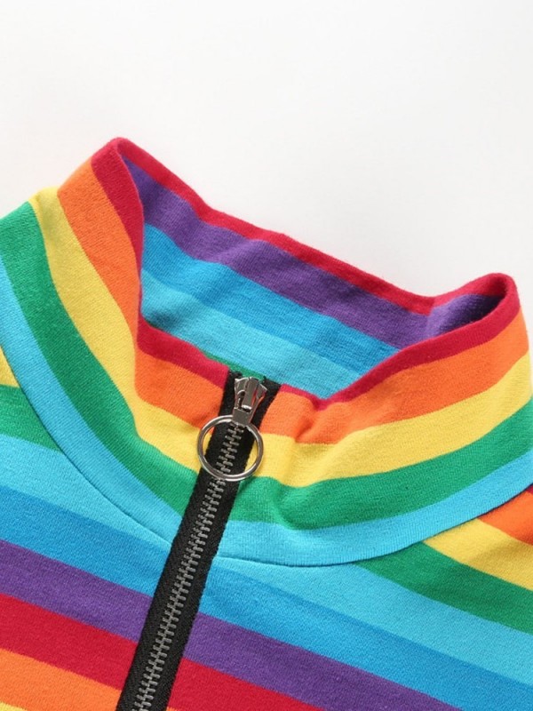 Rainbow Pattern  High Zipper V-Neck T-shirt