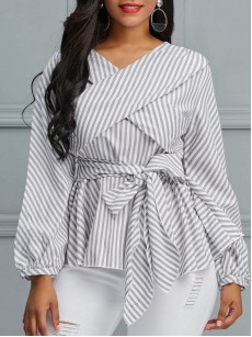 V-Neck Striped Women's Designed Shirt