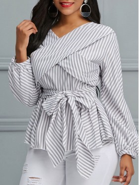 V-Neck Striped Women's Designed Shirt