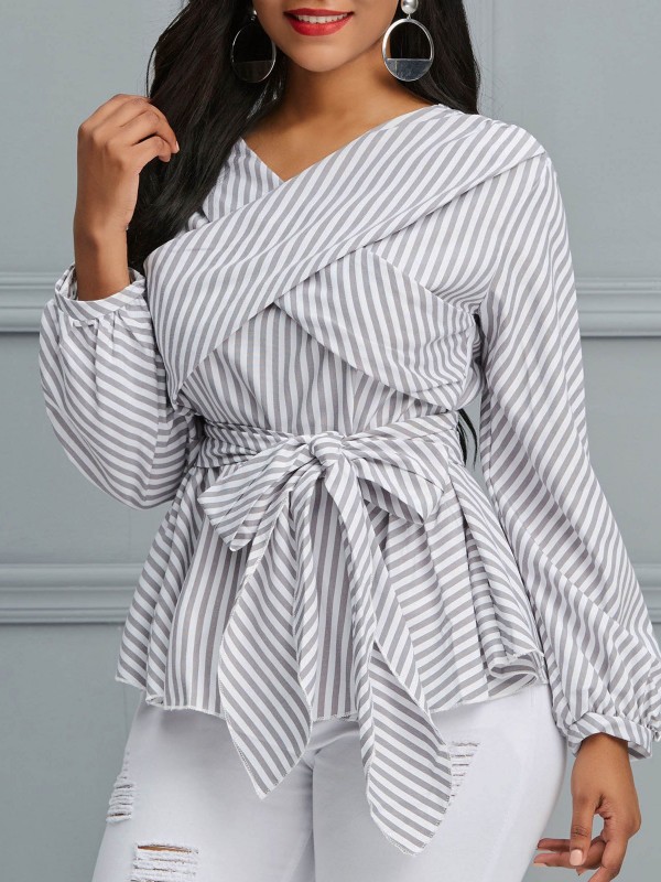 V-Neck Striped Women's Designed Shirt