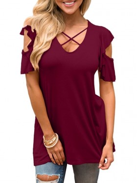 V-Neck Hollow Cross Strap Blouse