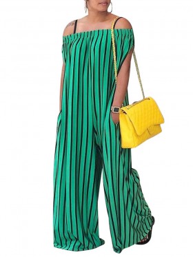 Stripe Print Off Shoulder Women's Jumpsuit