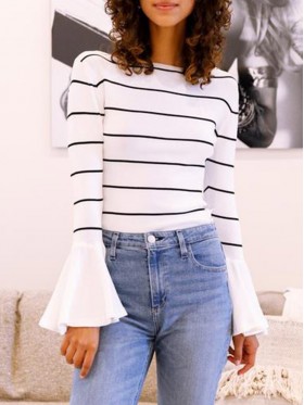 Women's Striped Patchwokr Falbala Sleeve T-shirt