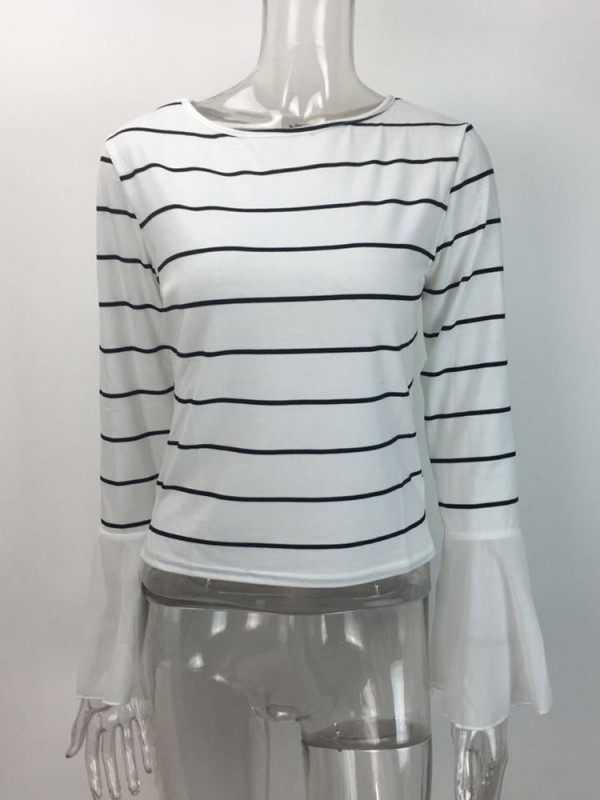 Women's Striped Patchwokr Falbala Sleeve T-shirt