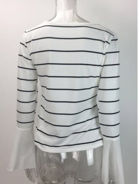 Women's Striped Patchwokr Falbala Sleeve T-shirt