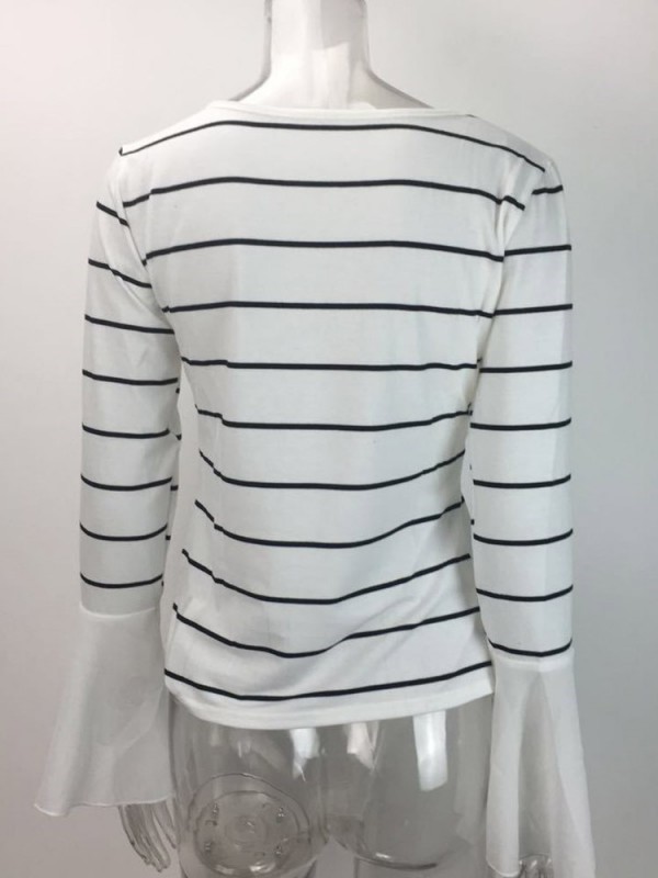 Women's Striped Patchwokr Falbala Sleeve T-shirt