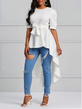 Scoop Patchwork Tie Front Ruffles Short Sleeve T-shirt