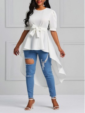 Scoop Patchwork Tie Front Ruffles Short Sleeve T-shirt