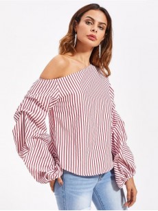 Asymmetric Shoulder Gathered Lantern Sleeve T-Shirt