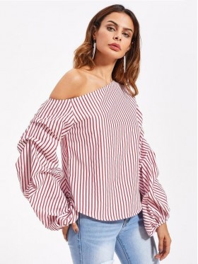 Asymmetric Shoulder Gathered Lantern Sleeve T-Shirt