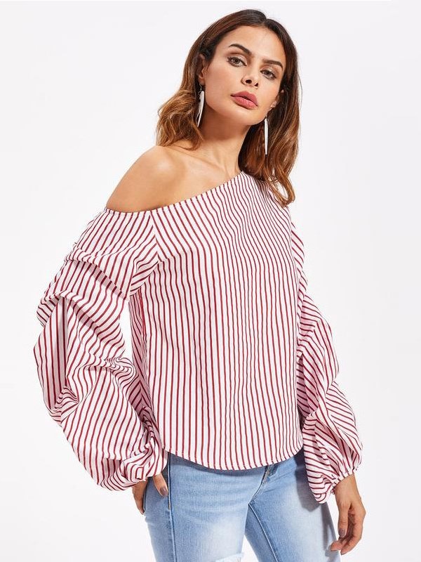 Asymmetric Shoulder Gathered Lantern Sleeve T-Shirt