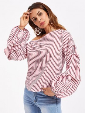 Asymmetric Shoulder Gathered Lantern Sleeve T-Shirt