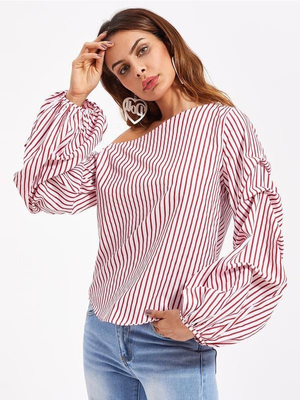 Asymmetric Shoulder Gathered Lantern Sleeve T-Shirt