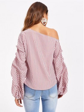 Asymmetric Shoulder Gathered Lantern Sleeve T-Shirt