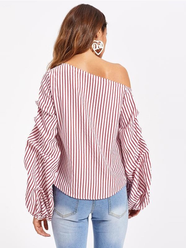 Asymmetric Shoulder Gathered Lantern Sleeve T-Shirt