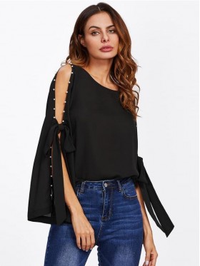 Pearl Bow Tied Slit Bell Sleeve T-Shirt