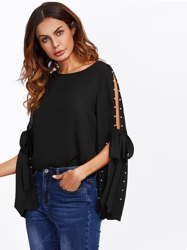 Pearl Bow Tied Slit Bell Sleeve T-Shirt