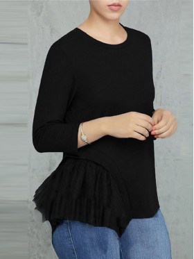 Patchwork Casual Scoop Loose Long Sleeve T-shirt