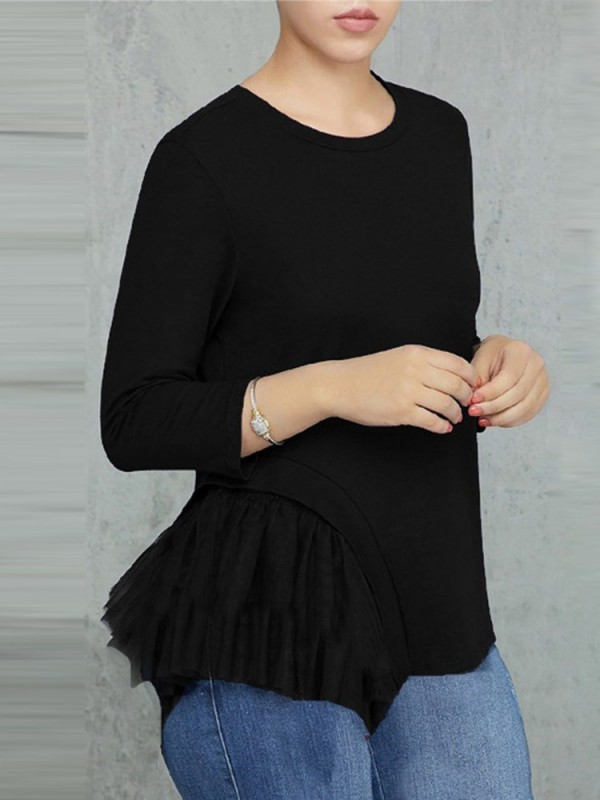 Patchwork Casual Scoop Loose Long Sleeve T-shirt