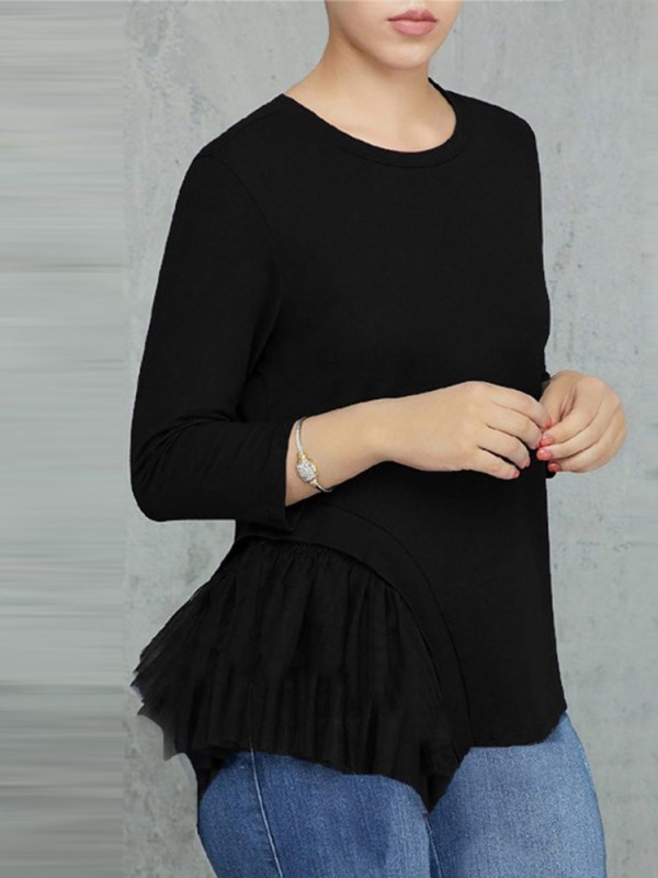 Patchwork Casual Scoop Loose Long Sleeve T-shirt