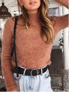 Pure Color Long Sleeve Stand Collar Women's Knitwear