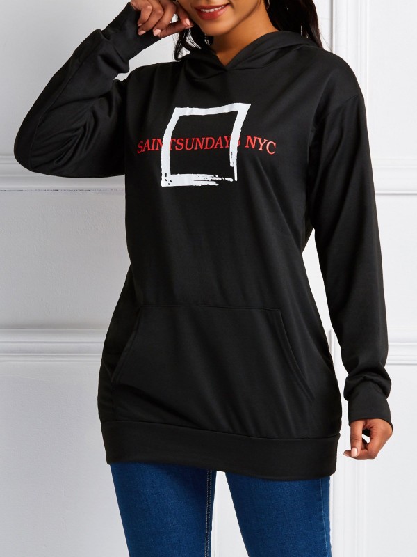 Polyester Letter Print Hooded Hoodie